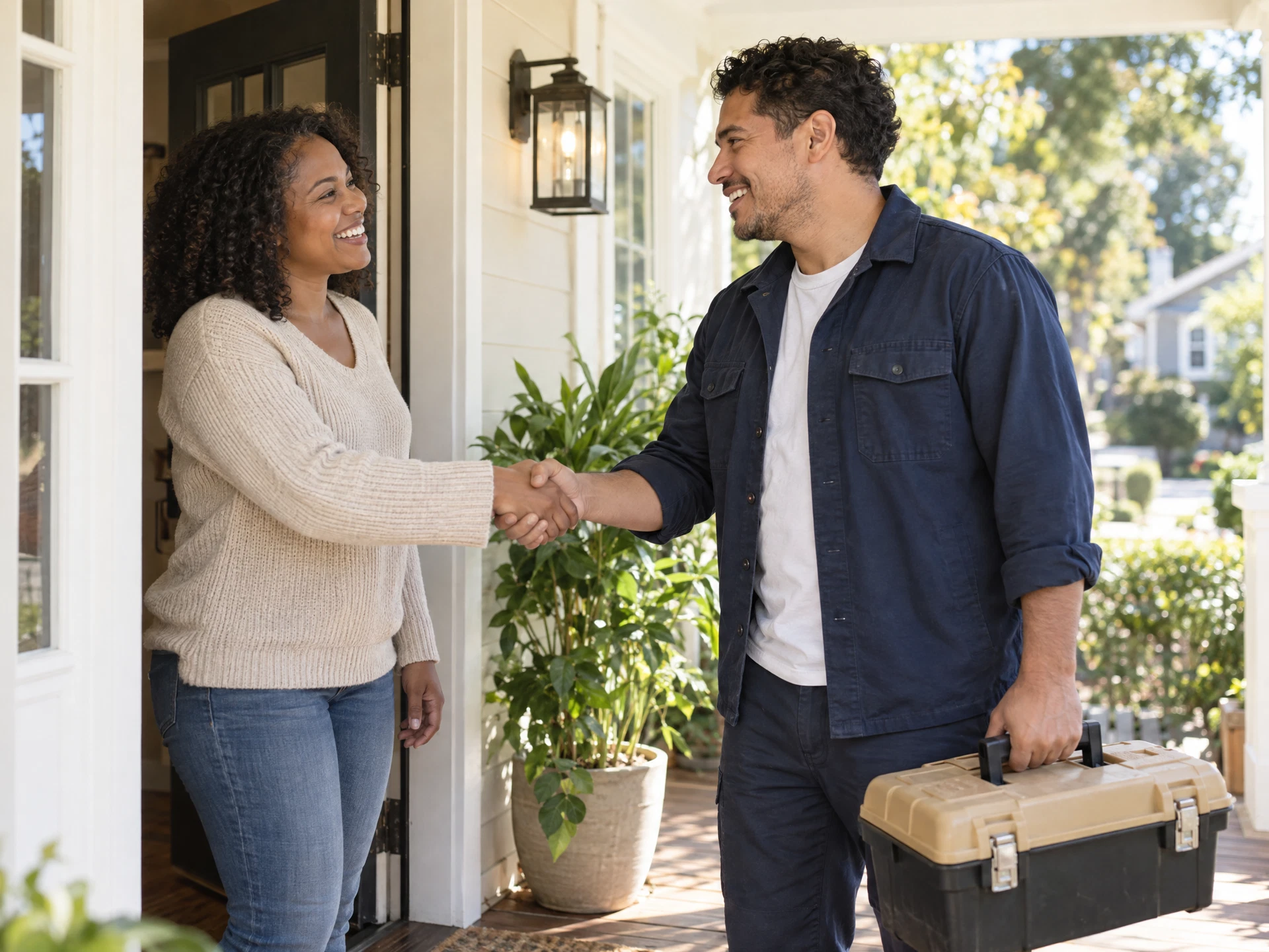 A local handyman greeting a neighbor at her front door